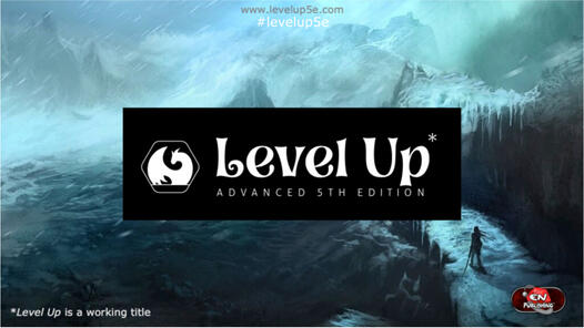 A graphic over a dramatic fantasy mountain backdrop that reads &quot;Level Up: Advanced 5th Edition&quot;.